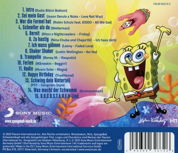 Die Rückseite einer SpongeBob Schwammkopf CD mit Titelliste und Cartoonbildern.
