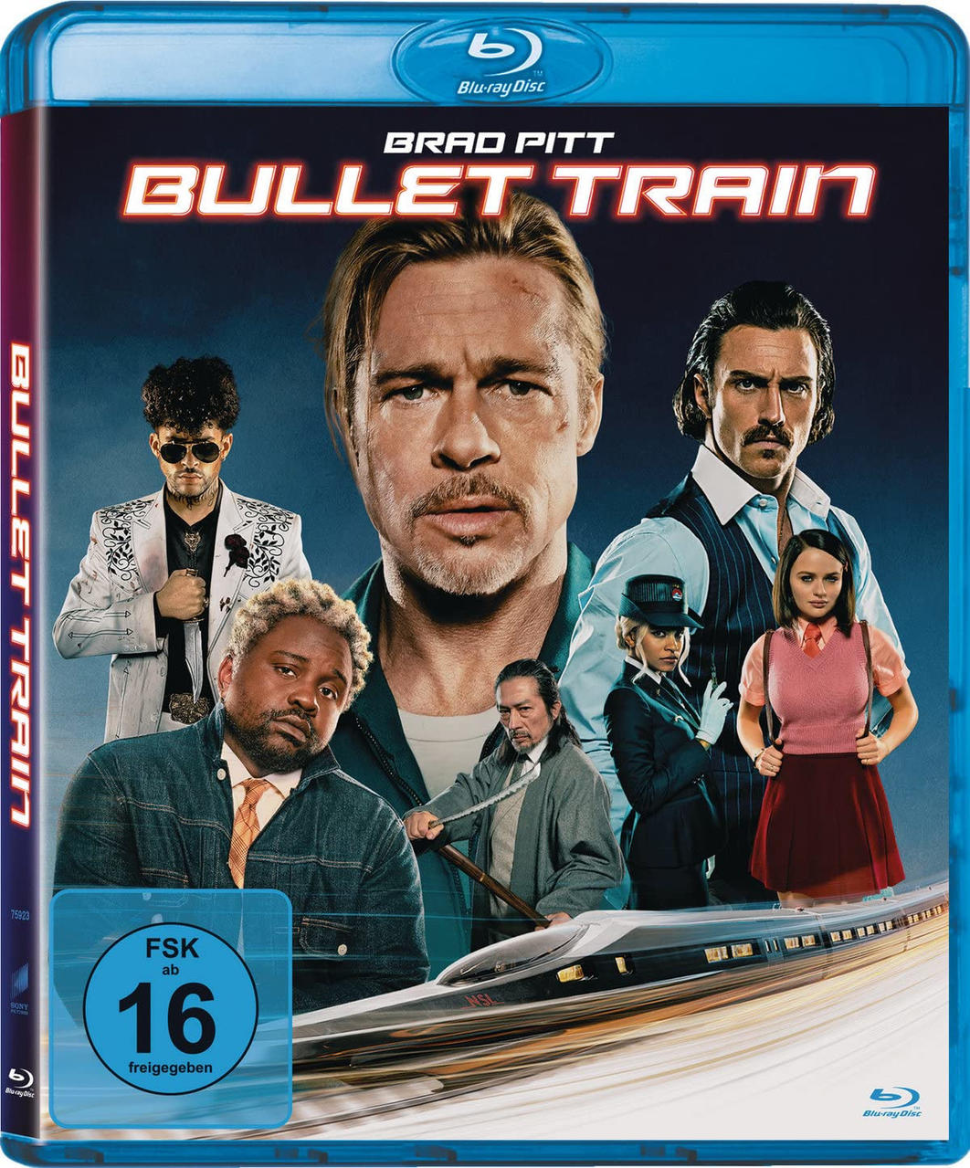 Das Filmposter von Bullet Train mit Brad Pitt und anderen Schauspielern. Es ist eine Blu-ray-Disc mit blauem Hintergrund und Text.