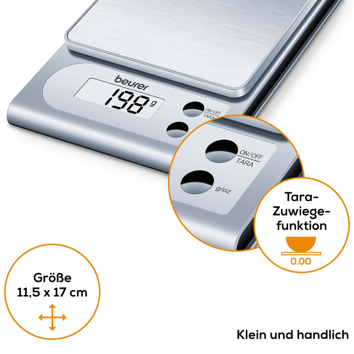 Una bilancia argentata con display digitale e pulsanti di controllo.