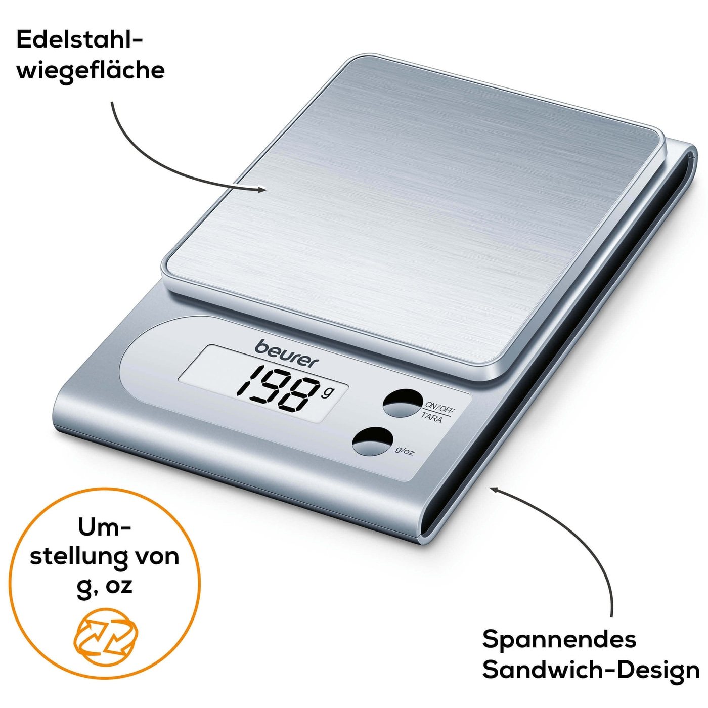 Una bilancia argentata con un display digitale che mostra '198g'. Ci sono etichette in tedesco.