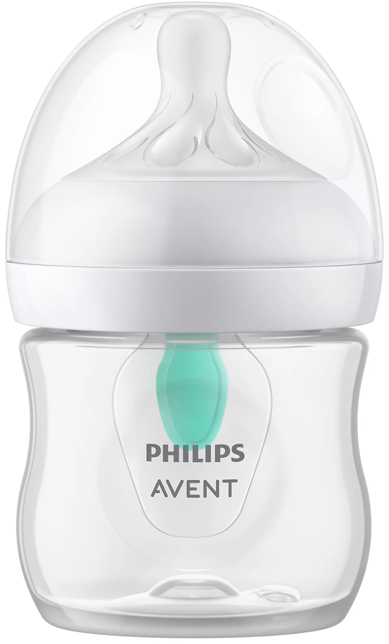 Egy átlátszó Philips Avent bébiüveg fehér cumival és türkiz szeleppel.