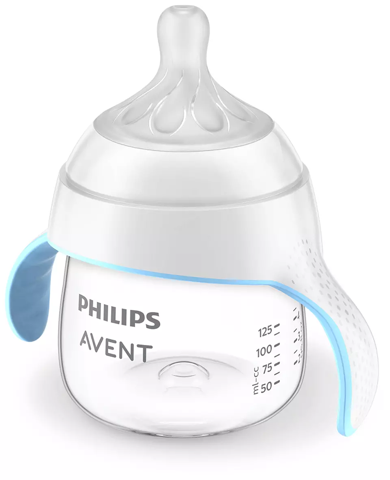Fehér és átlátszó babapalack kék fogantyúkkal, mérésekkel, Philips Avent.