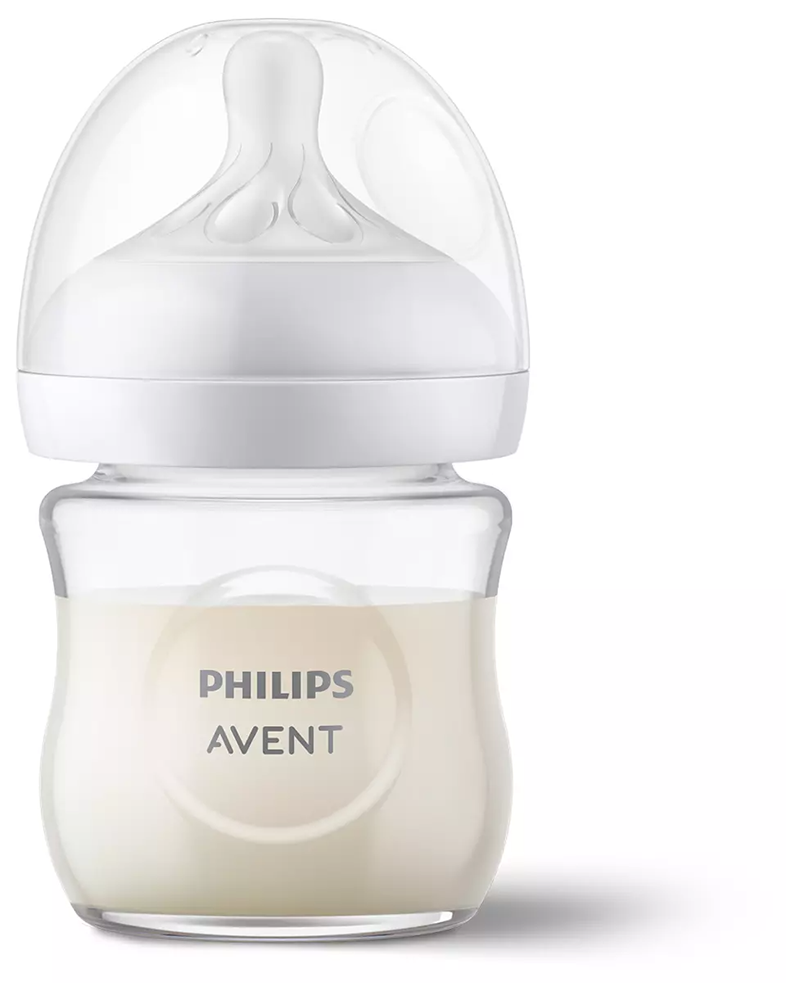 Átlátszó bébiüveg tejjel, 'Philips Avent' márkanévvel.