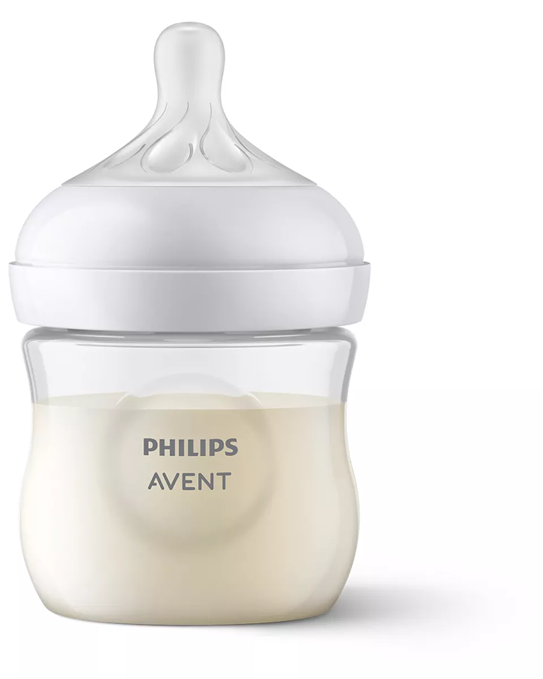 Átlátszó bébiüveg tejjel és a 'Philips Avent' márkanévvel.