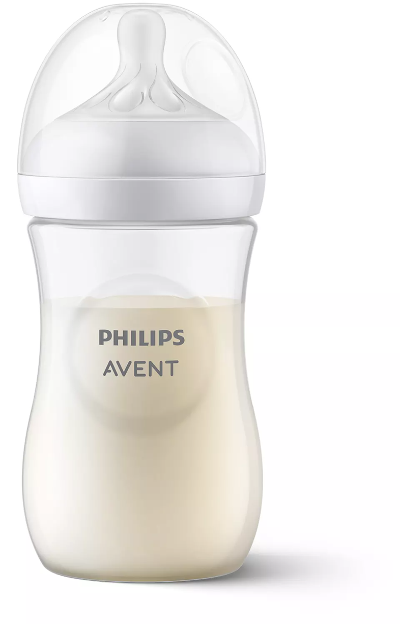 Fehér Philips Avent bébiüveg, világos színű folyadékkal töltve.