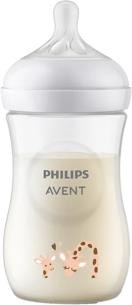 Philips Avent bébiüveg folyadékkal. Rózsaszín és barna zsiráf minta.