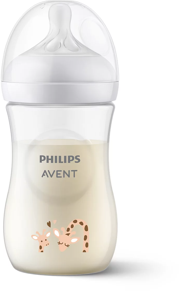Babapohár tejjel és zsiráf mintával, a címke Philips Avent feliratot tartalmaz.