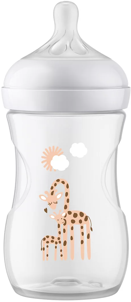 Átlátszó babapalack zsiráf mintával, fehér tetővel és cumival, Philips Avent.