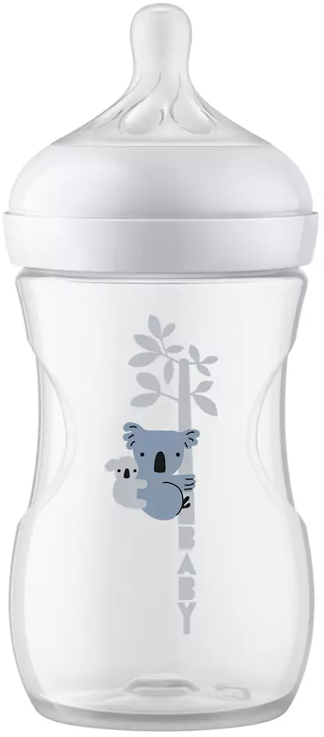 Babapohár fehér cumival, koala medve és baba rajzával. Az üveg átlátszó.