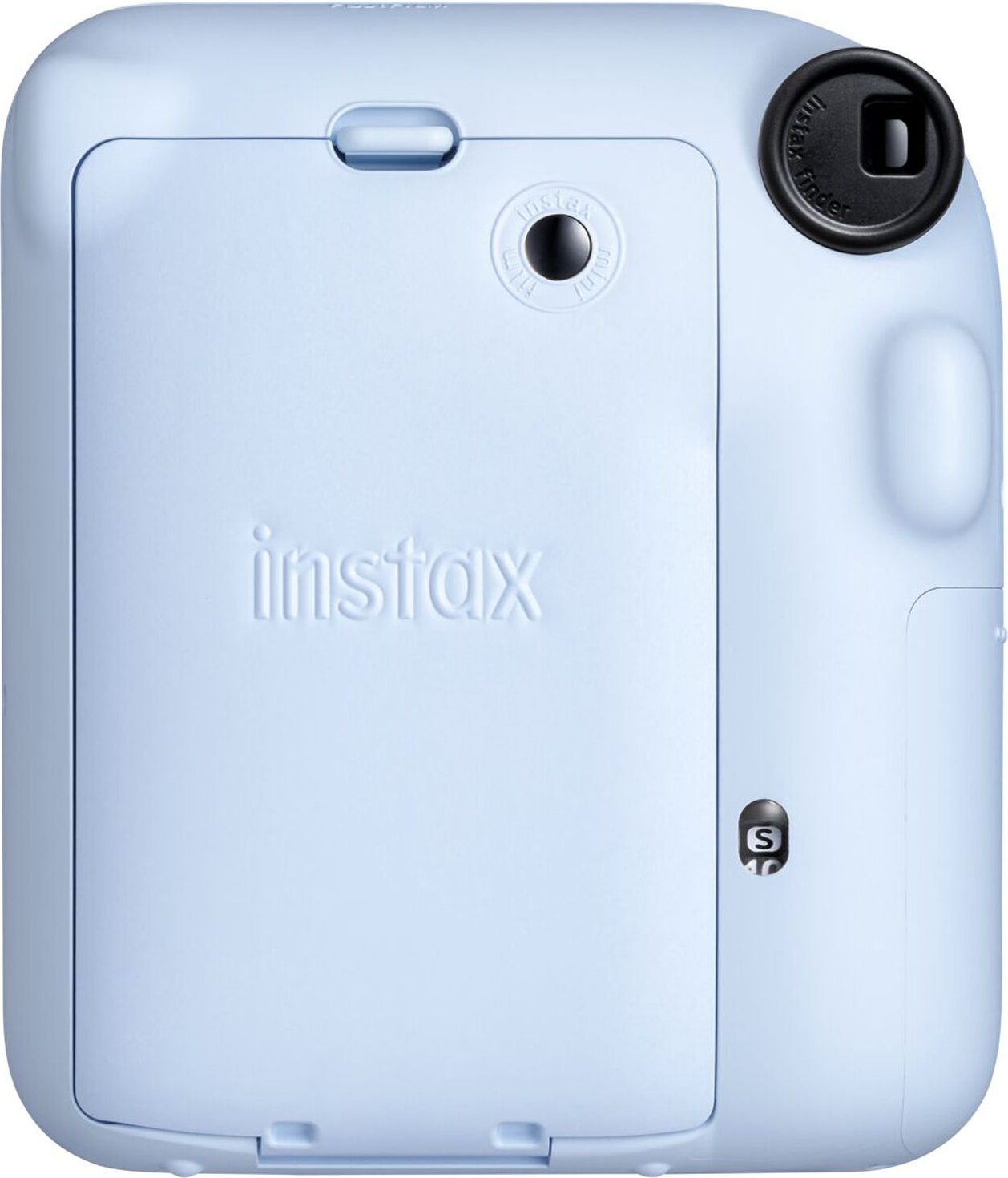 Helle blaue Instax-Kamera-Rückseite. Es hat ein Instax-Logo, ein kleines Objektiv und eine Öffnungstür.