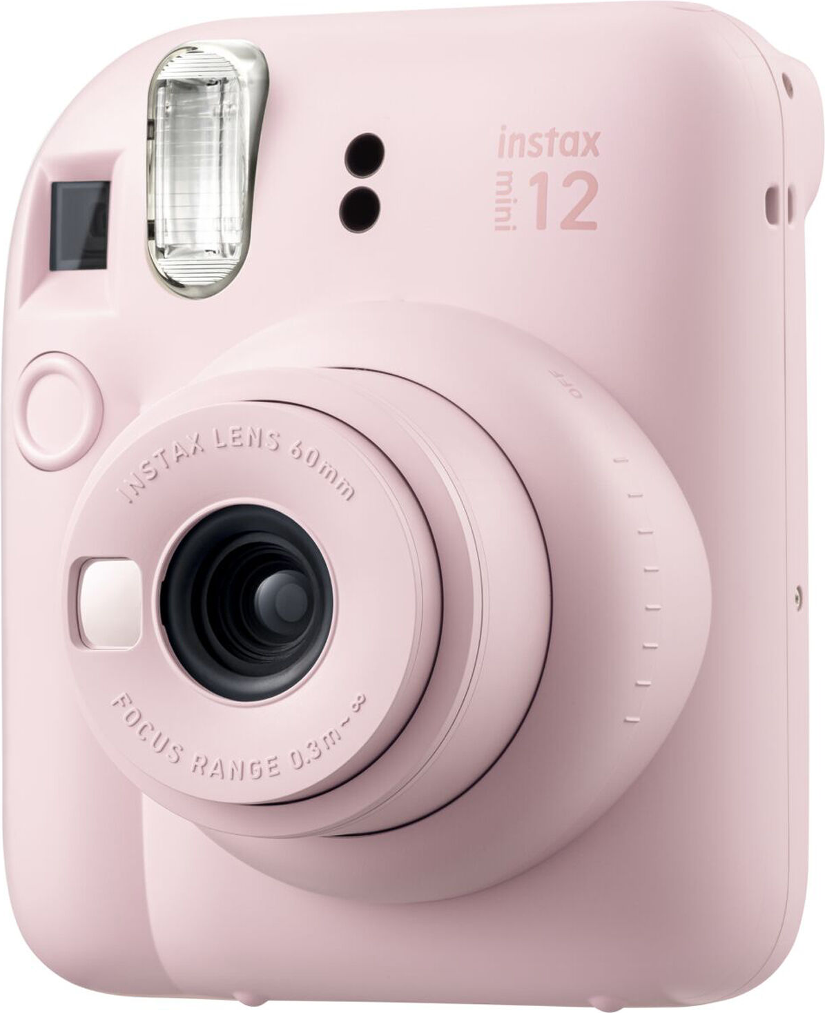 Eine pinke Instax Mini 12 Sofortbildkamera mit Objektiv und Blitz.