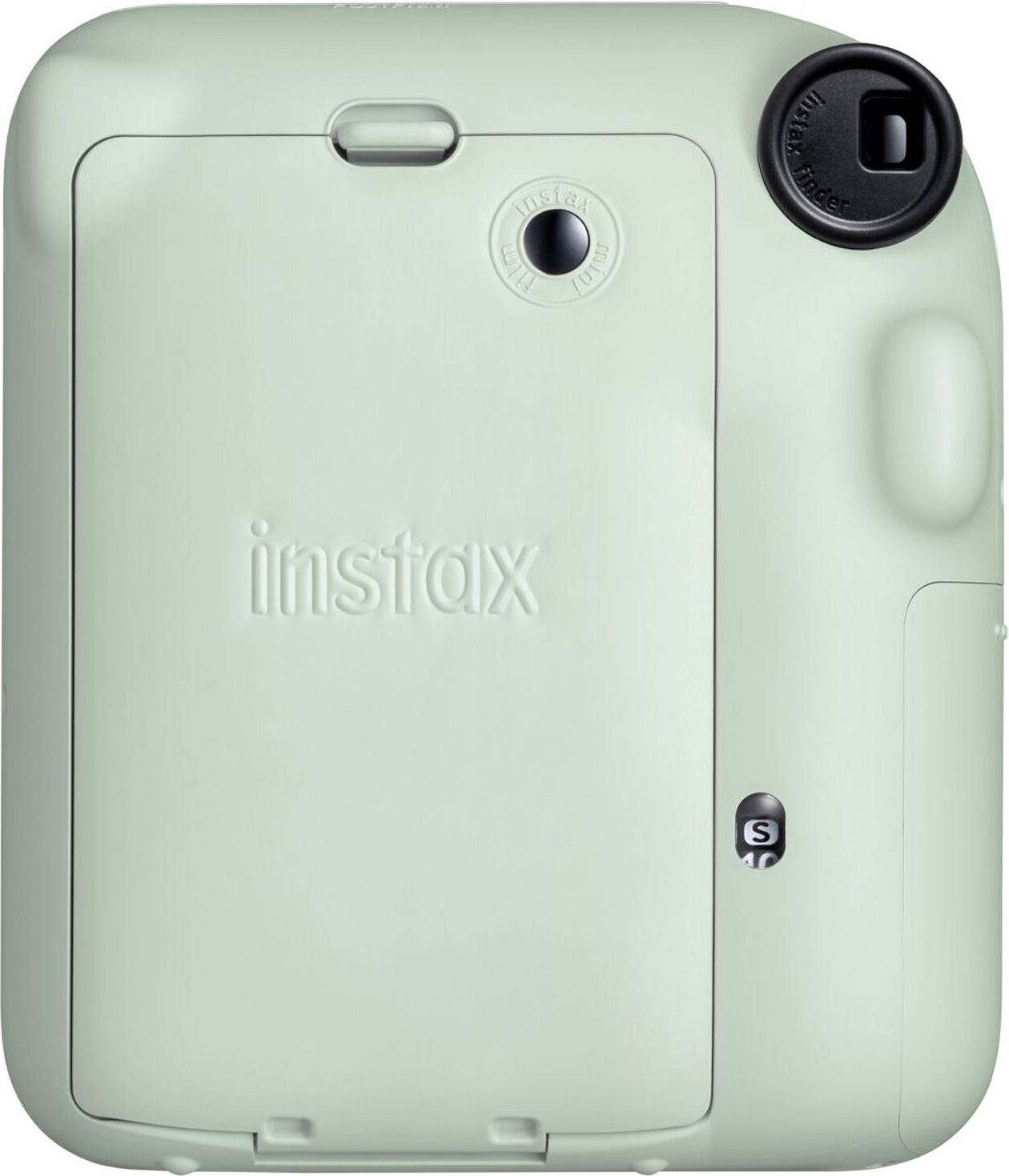 Eine hellgrüne Instax-Kamera, Rückansicht, mit dem Instax-Logo und einem kleinen Sucher.