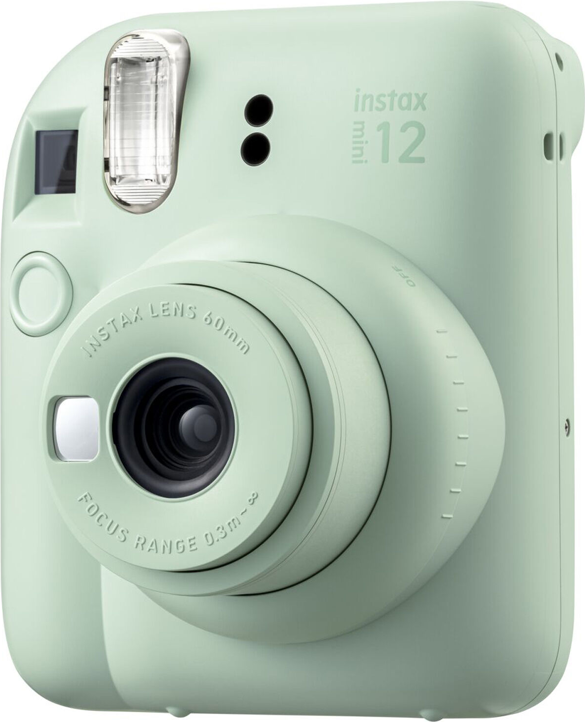 Minzgrüne Instax Mini 12 Kamera mit Linsendetails und Blitz auf weißem Hintergrund.