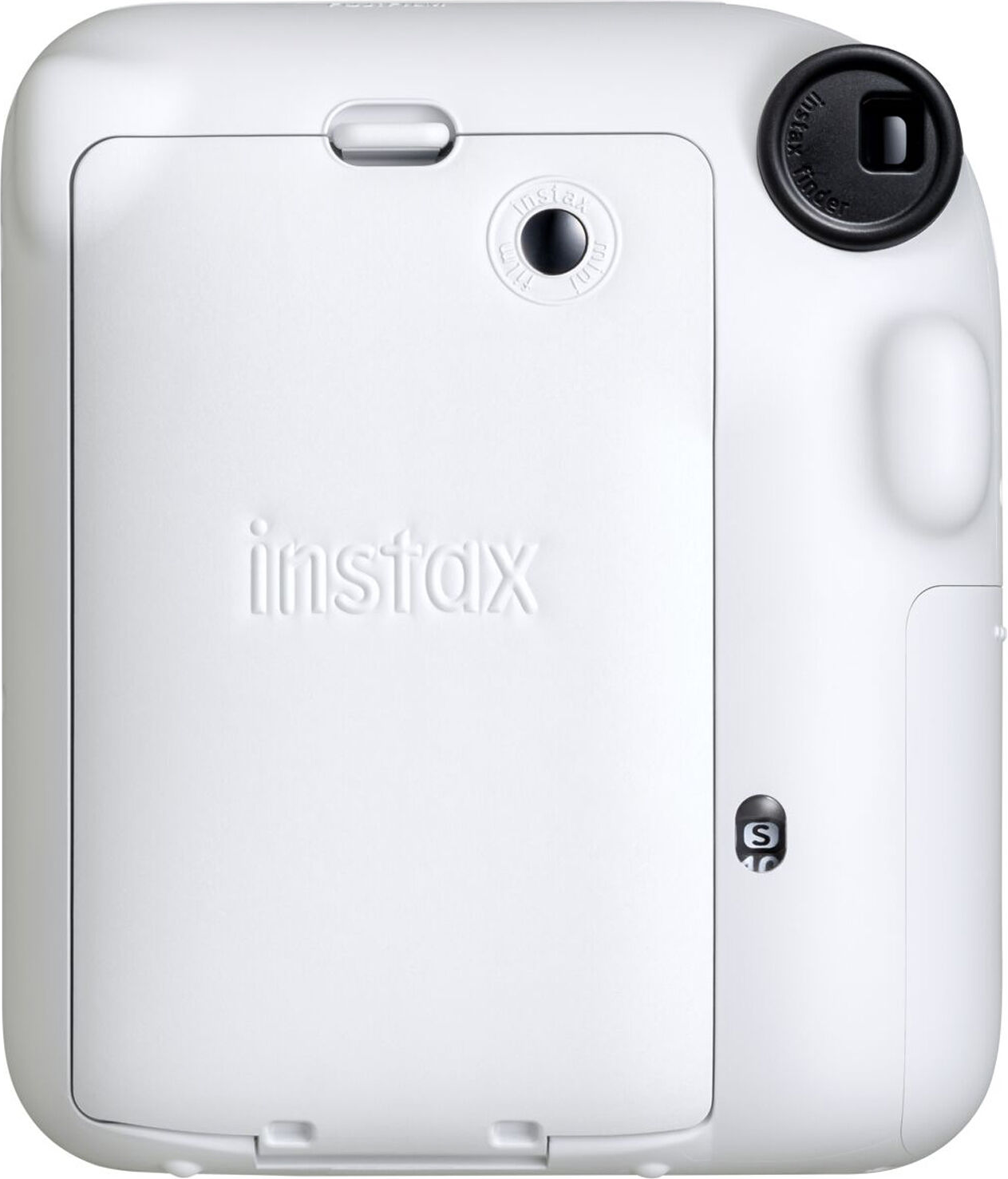 Una fotocamera Instax bianca, vista posteriore. Ha uno sportello per la pellicola e un piccolo mirino.