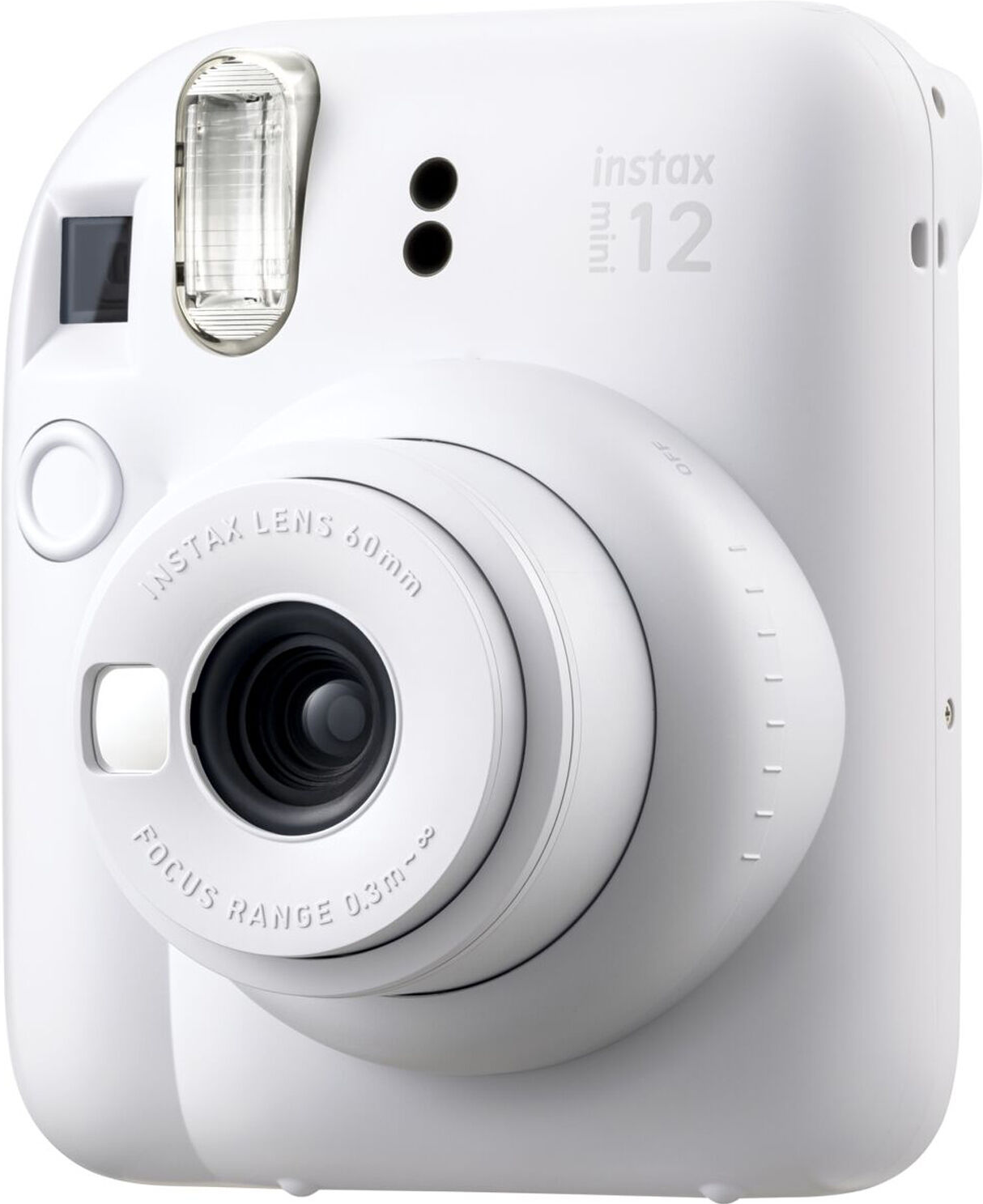 Una fotocamera Instax Mini 12 bianca con obiettivo, flash e pulsanti.