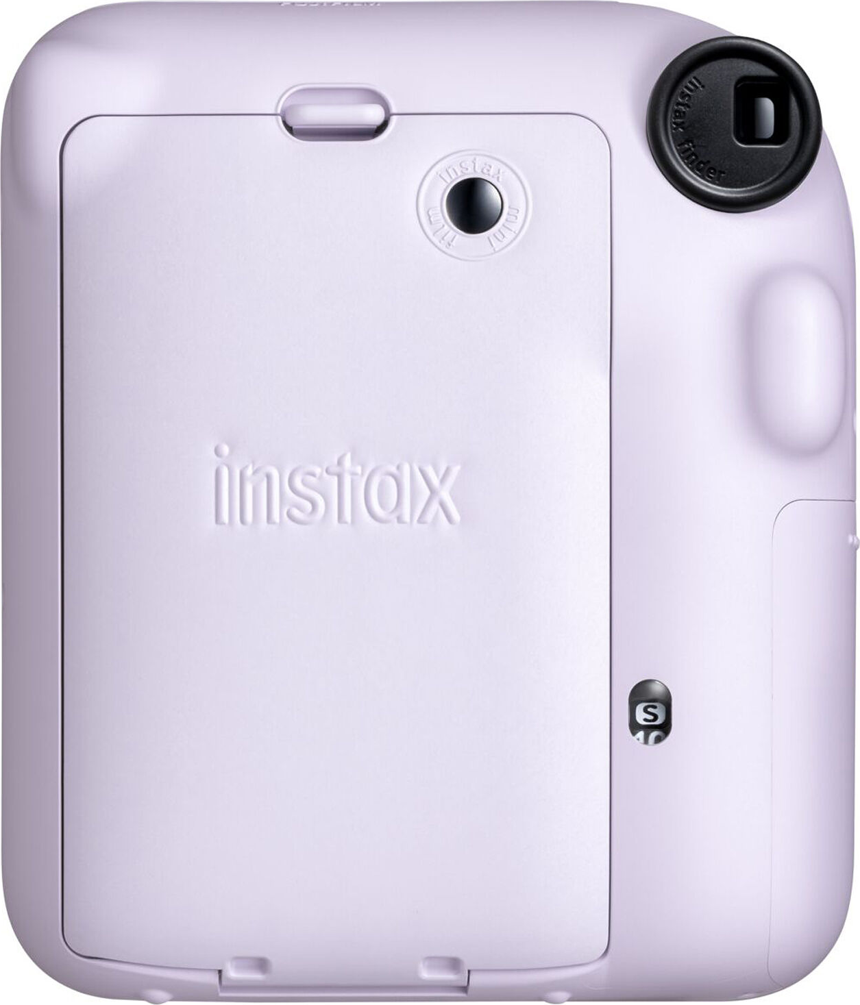 Instax Kamera Rückseite. Lavendelfarbe, Instax-Logo und Filmschacht sichtbar.