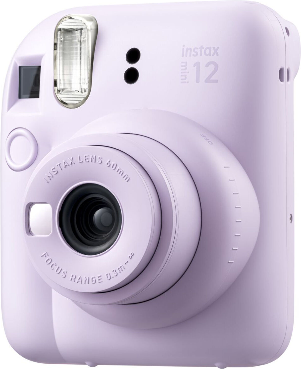 Lila Instax Mini 12 Kamera. Ein Foto wird ausgeworfen.