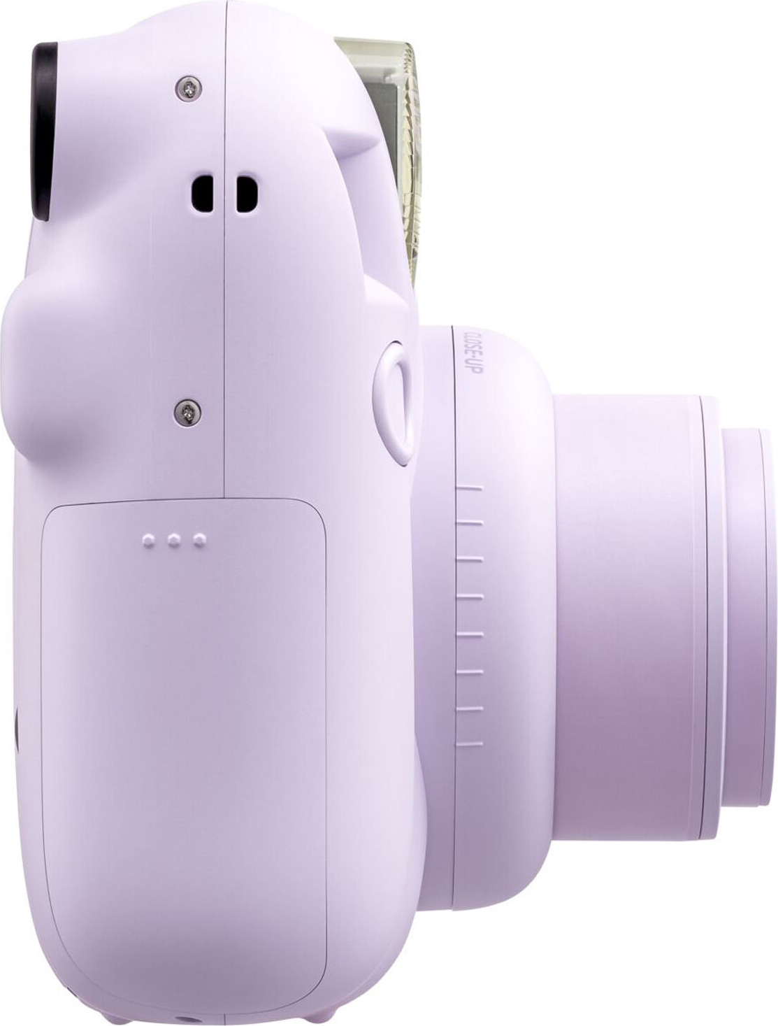 Eine lilafarbene Instax-Kamera, Seitenansicht.