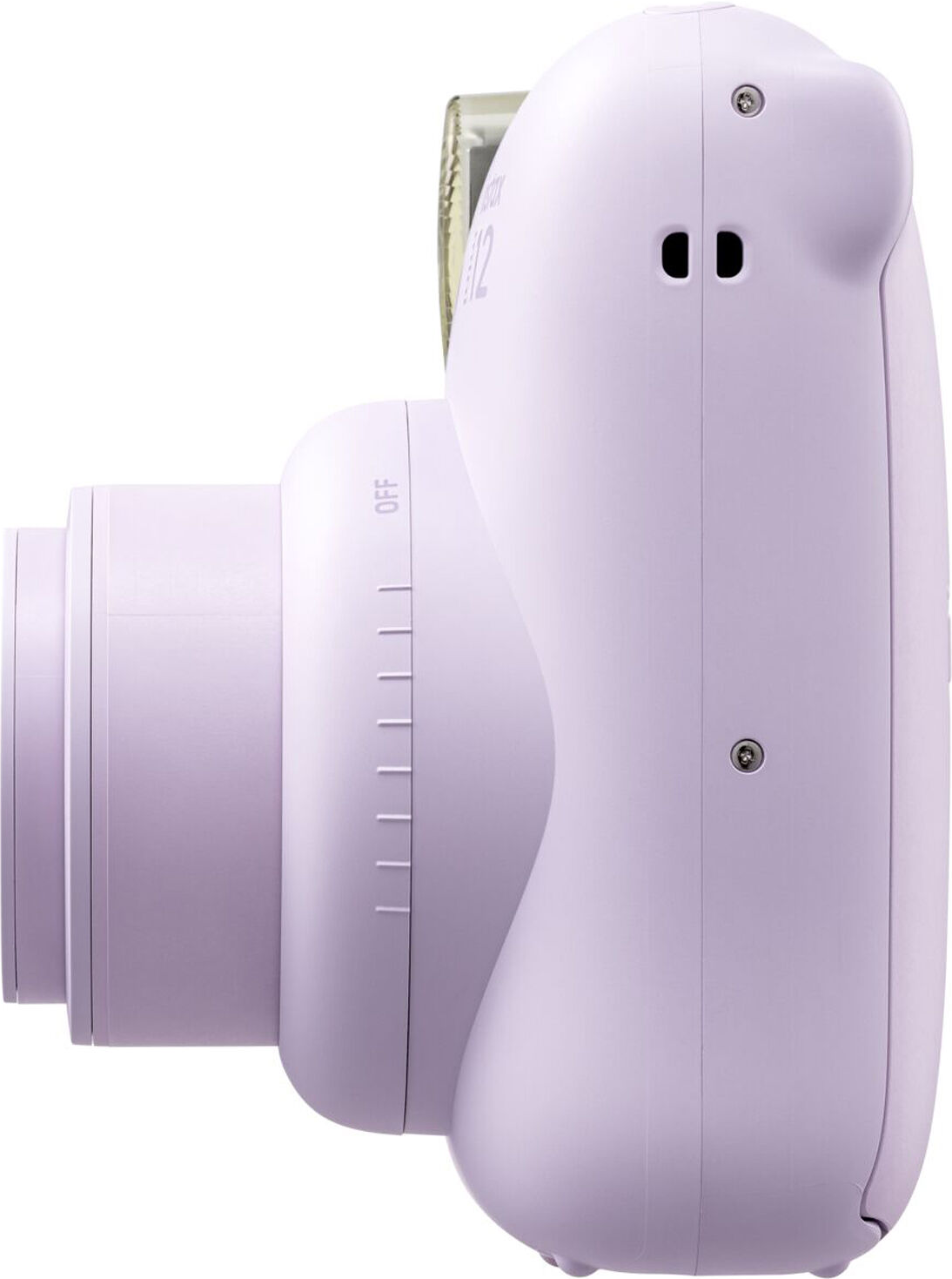Seitenansicht einer hellvioletten Instax Mini 12 Kamera. Objektiv und Knöpfe sind sichtbar.