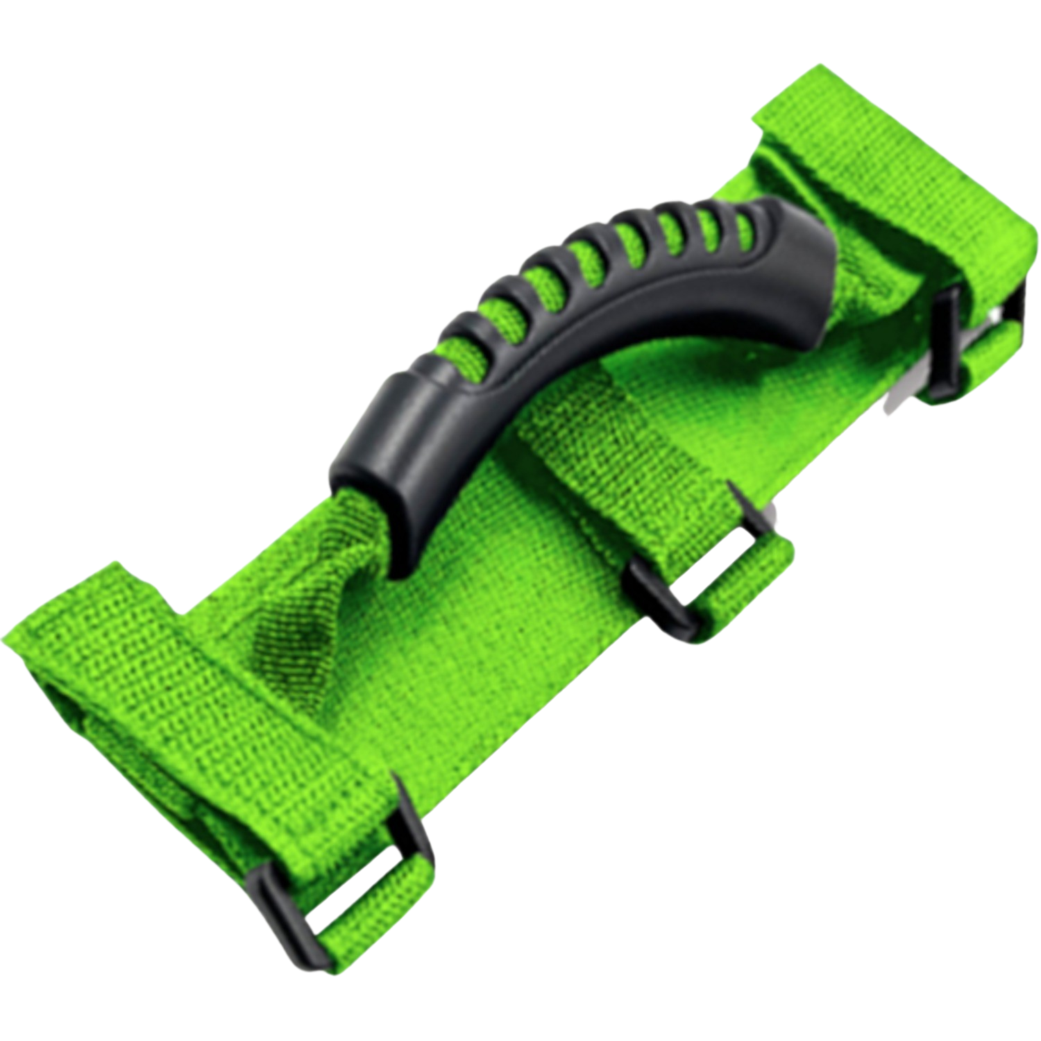 Groene handgreep met zwarte grip. Voorzien van twee riemen en zwarte gespen.