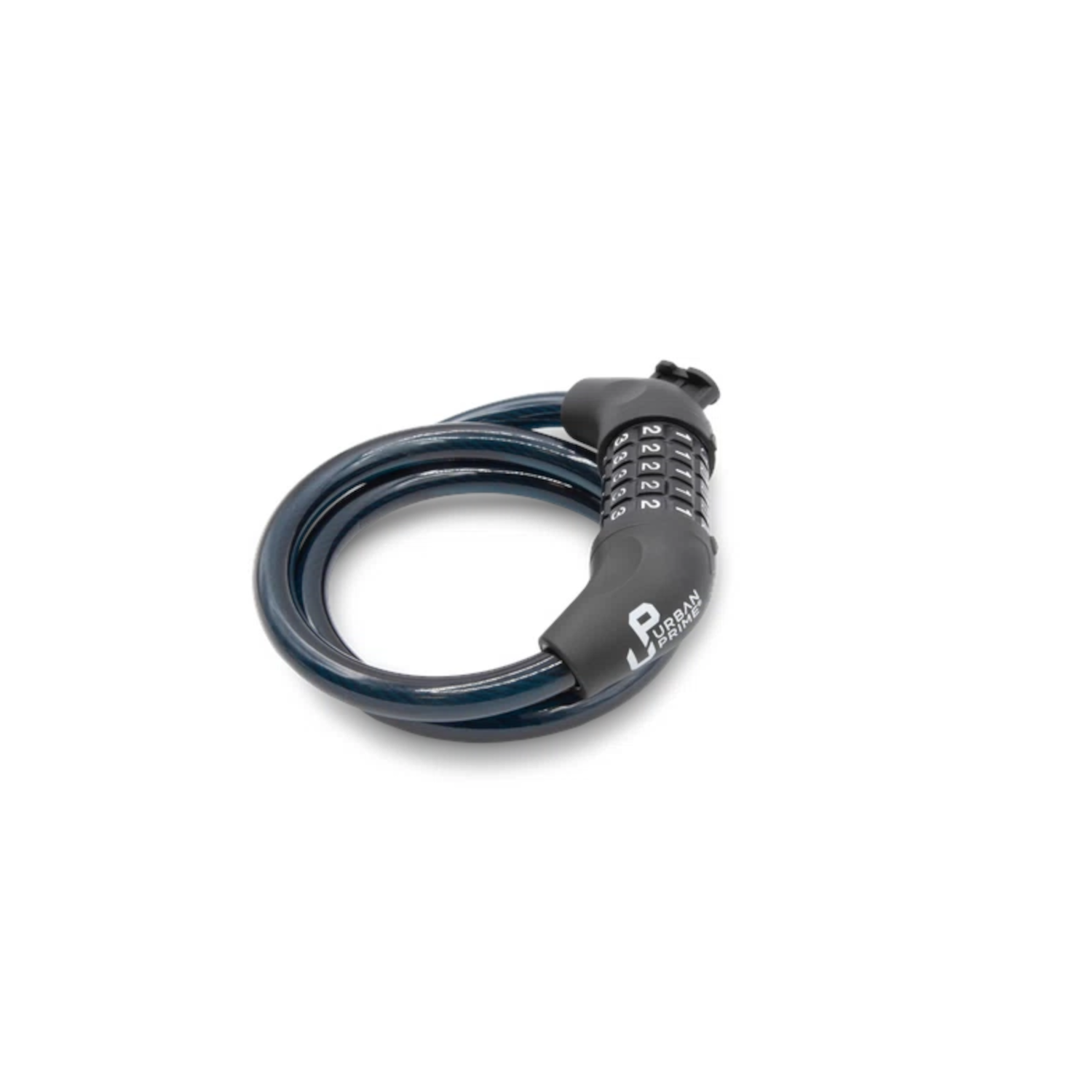 Blue bicycle lock coiled on a white surface.