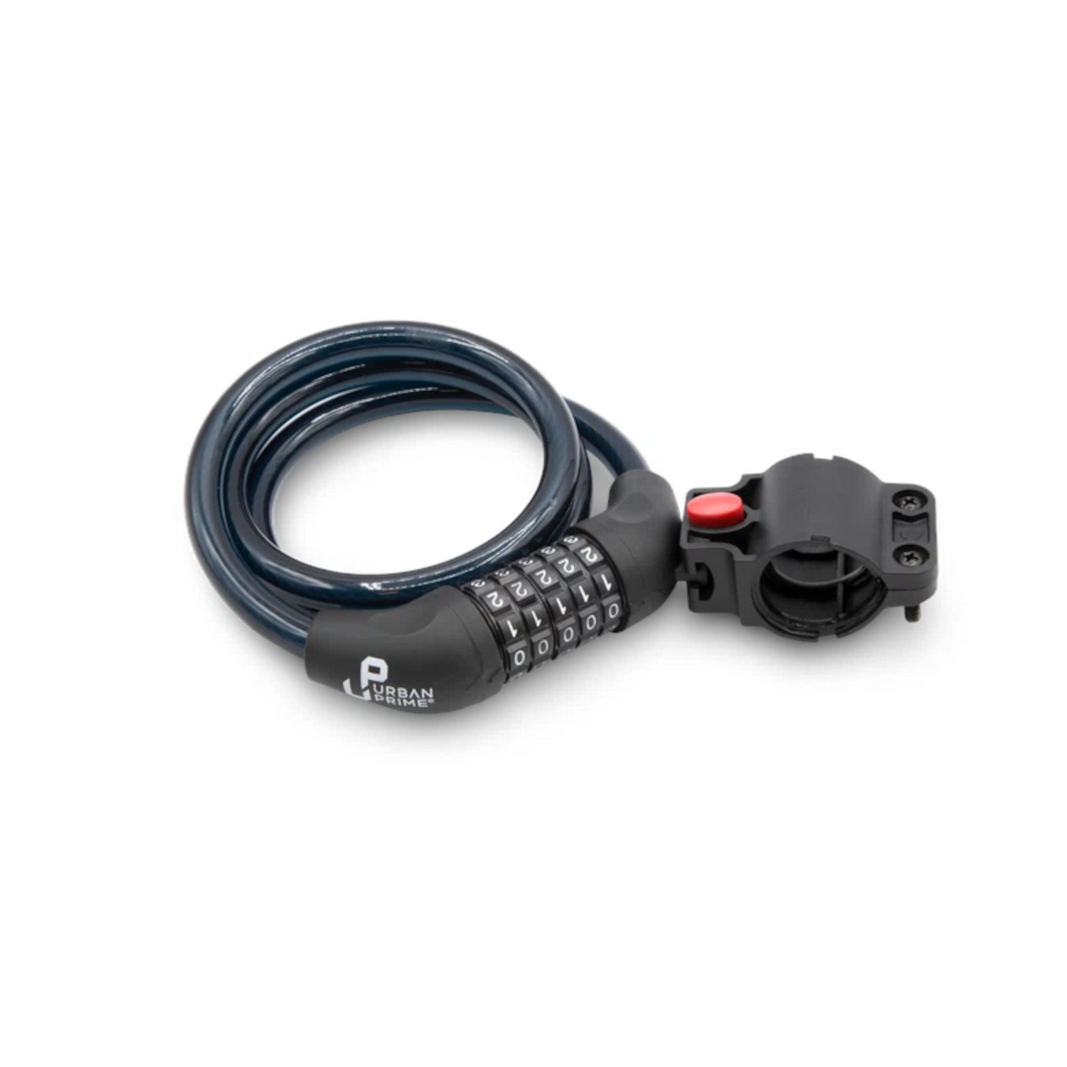 A black bike lock with a combination dial, and a black mounting bracket.
