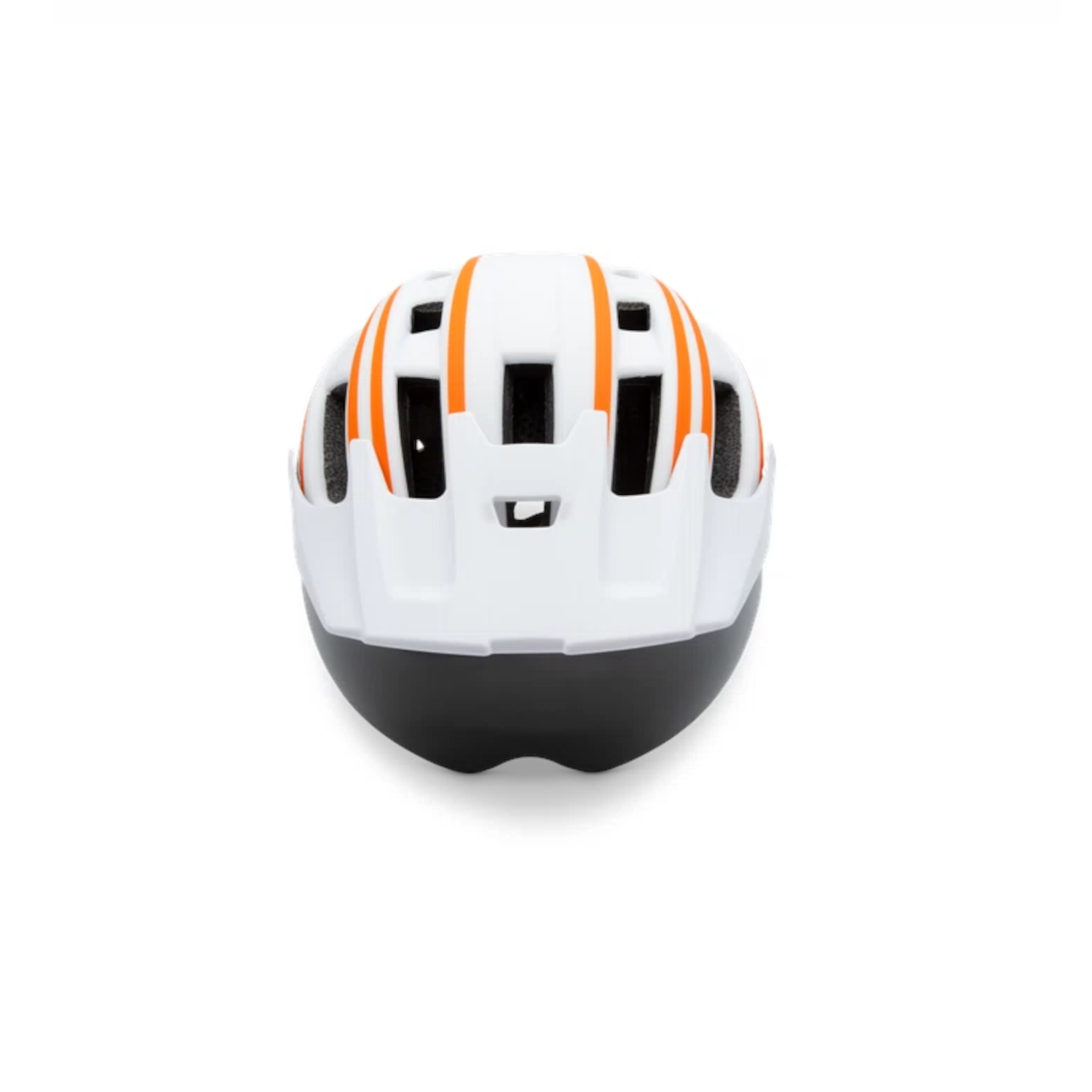 Witte en zwarte helm met oranje strepen en ventilatiegaten, bovenaanzicht.