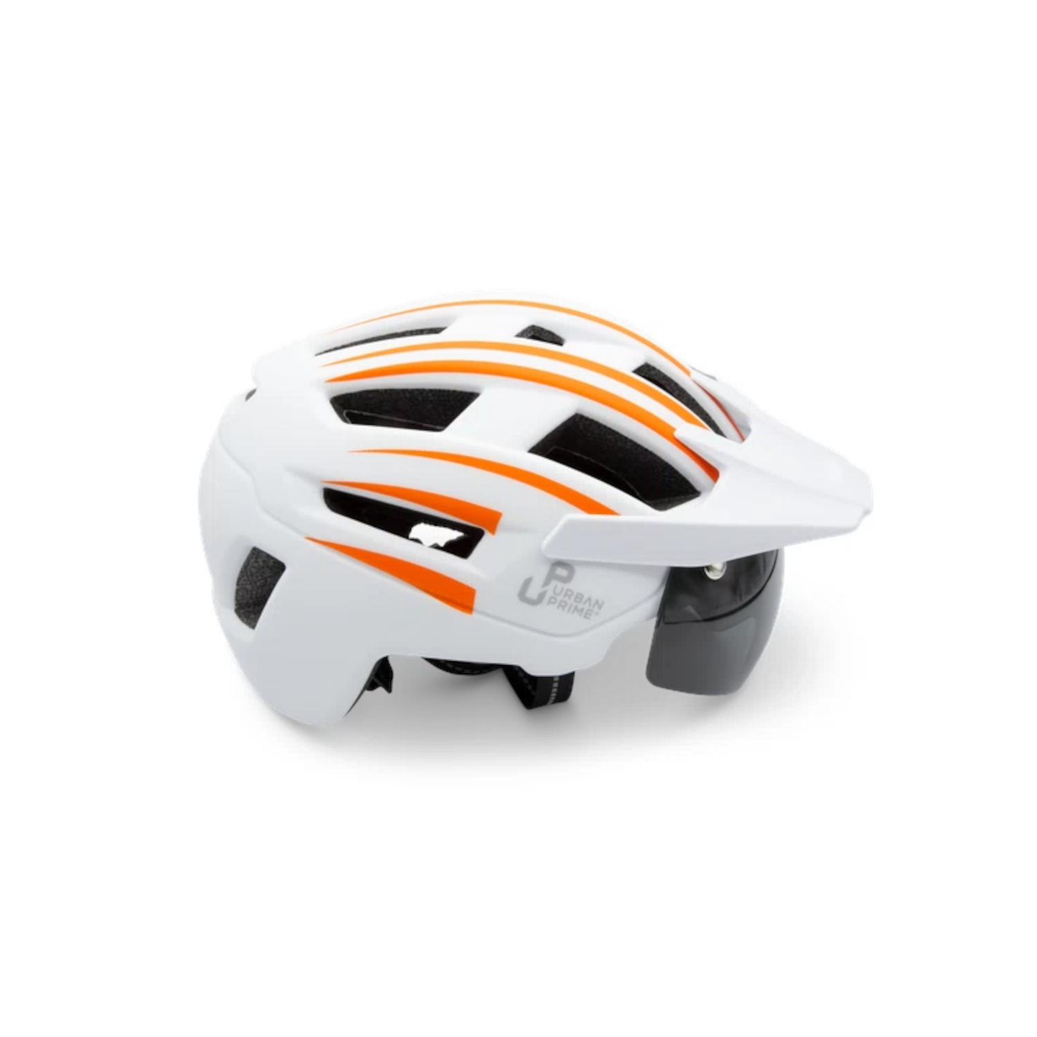 Witte fietshelm met oranje strepen en een vizier.