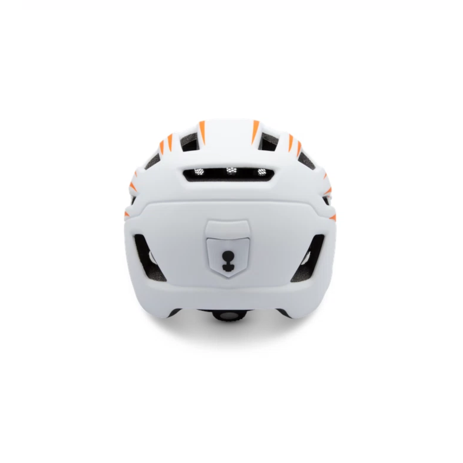 Witte fietshelm met oranje strepen bovenop. Achteraanzicht, geïsoleerd.