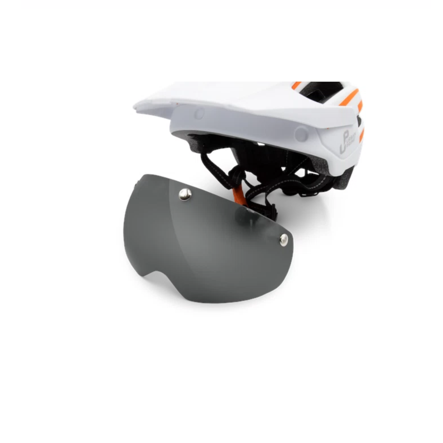 Witte helm met oranje strepen en een losse donkere visor.