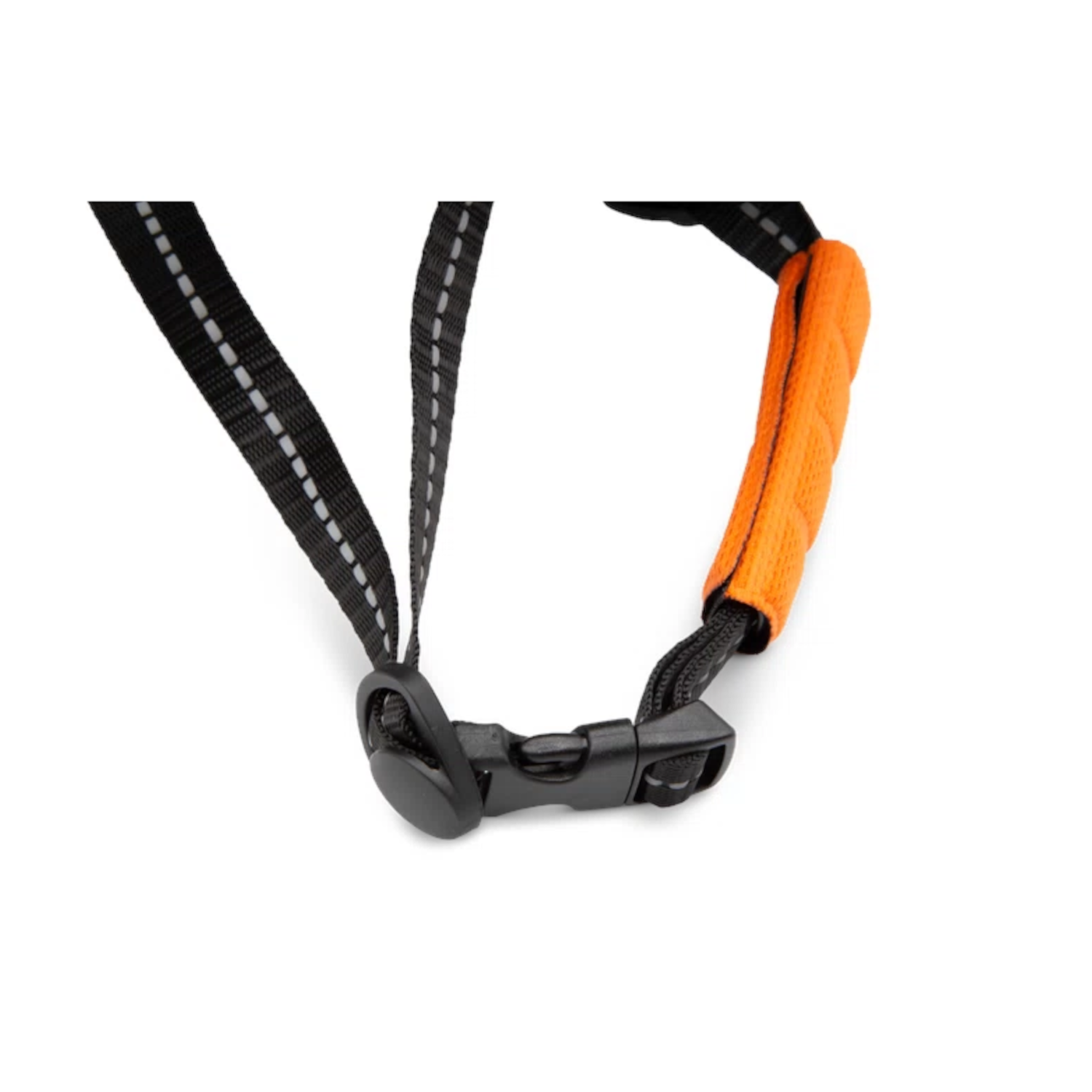 Zwarte hondenhalsband met zwarte gesp en oranje handvat.