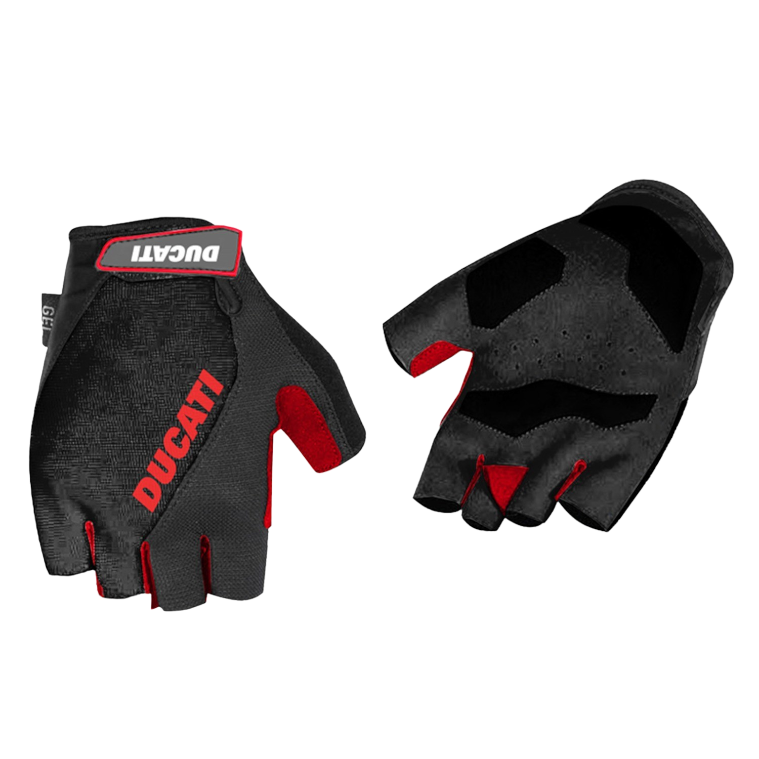 Gants Ducati noirs et rouges, sans doigts, sur fond noir.