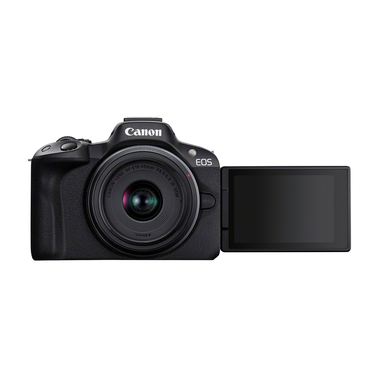 Fotocamera Canon nera con obiettivo, mirino aperto, su una superficie.