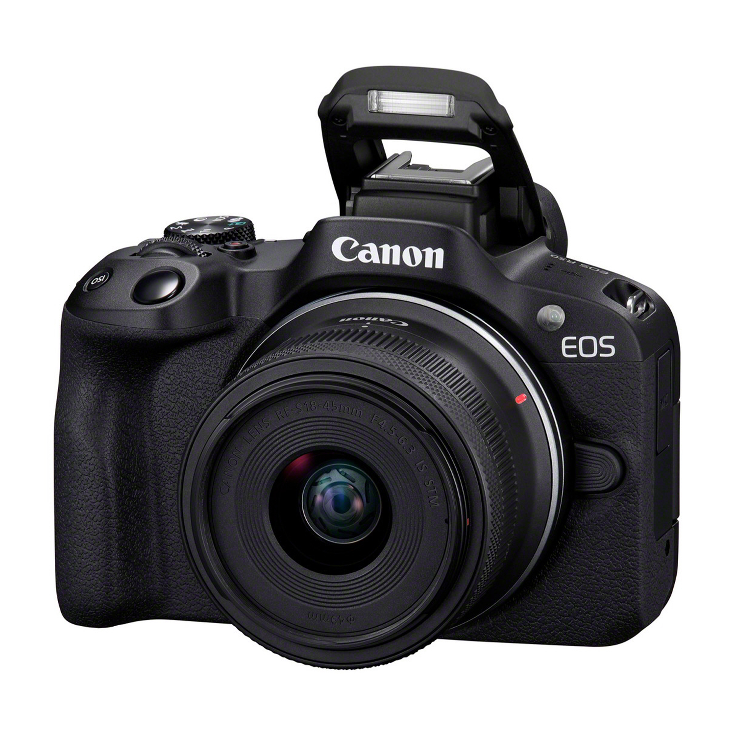 Una fotocamera Canon nera con obiettivo e flash a comparsa. La fotocamera è su sfondo bianco.