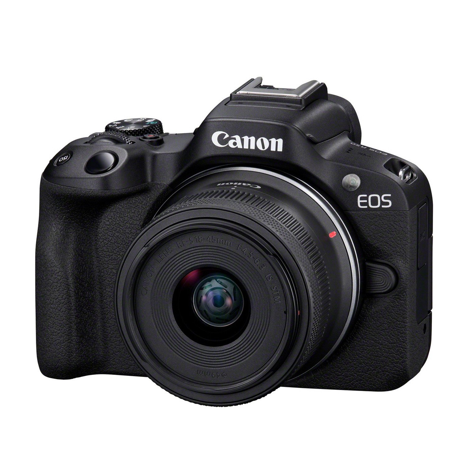 Una fotocamera Canon EOS nera con un obiettivo, isolata su sfondo bianco.