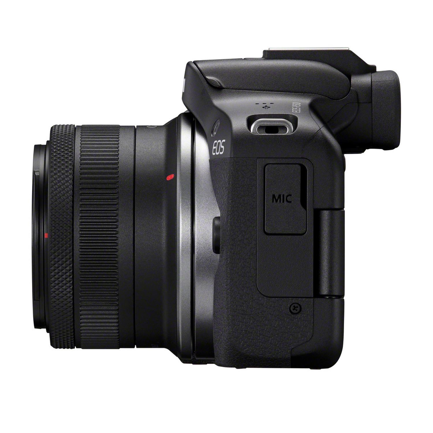 Fotocamera nera con obiettivo a sinistra. La parola 'MIC' è visibile sul lato.