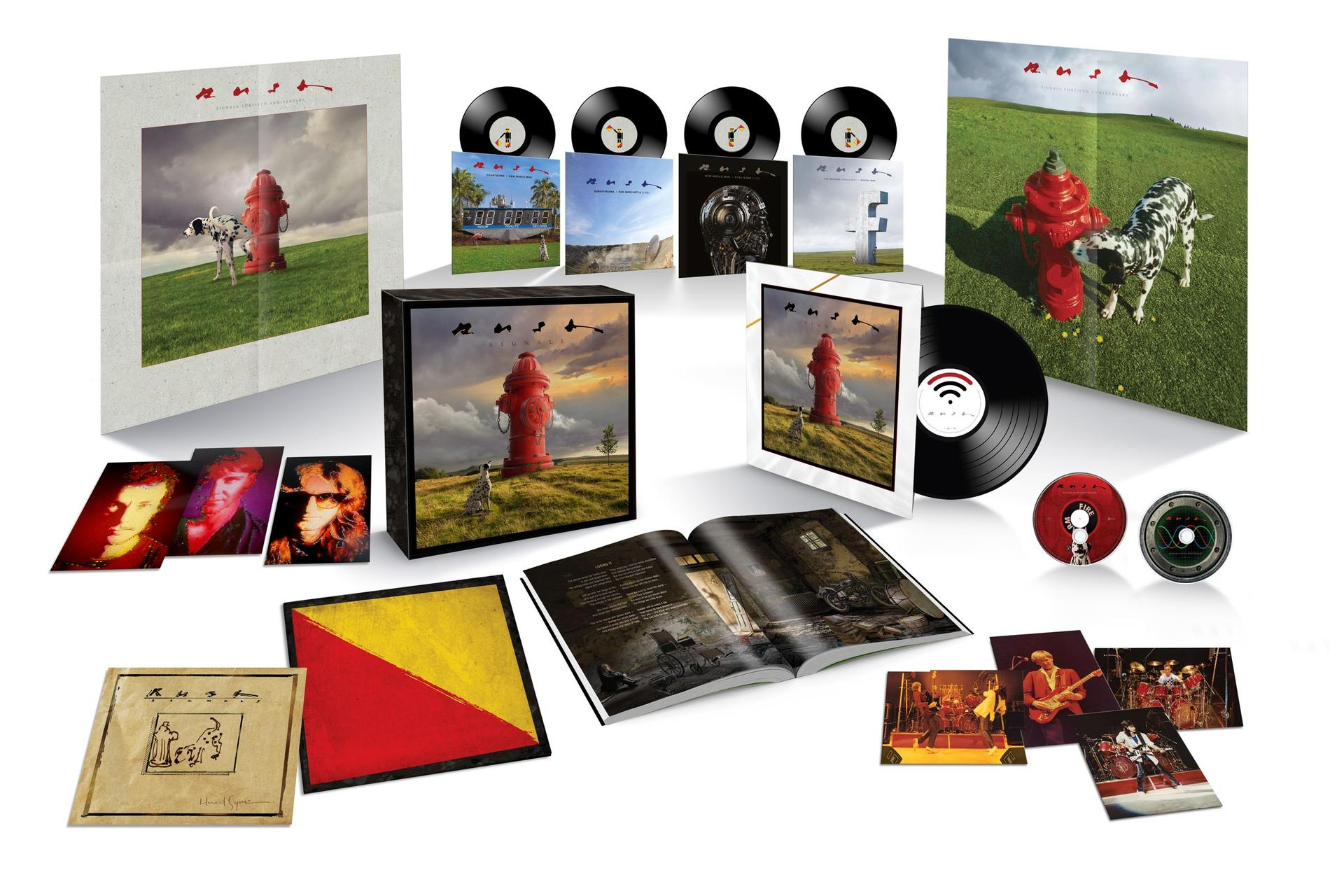 Eine Rush-Album-Box-Set mit mehreren Schallplatten, CDs, einem Buch und verschiedenen Einlagen.