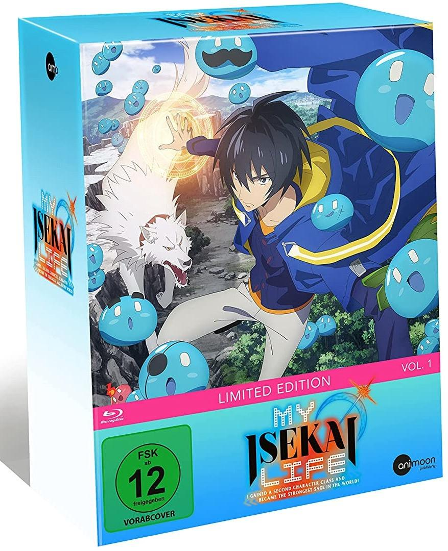 Anime-Box-Art: Ein Mann in Blau, ein weißer Wolf und blaue Schleime. Text sagt 'My Isekai Life'. Limited Edition, Band 1.