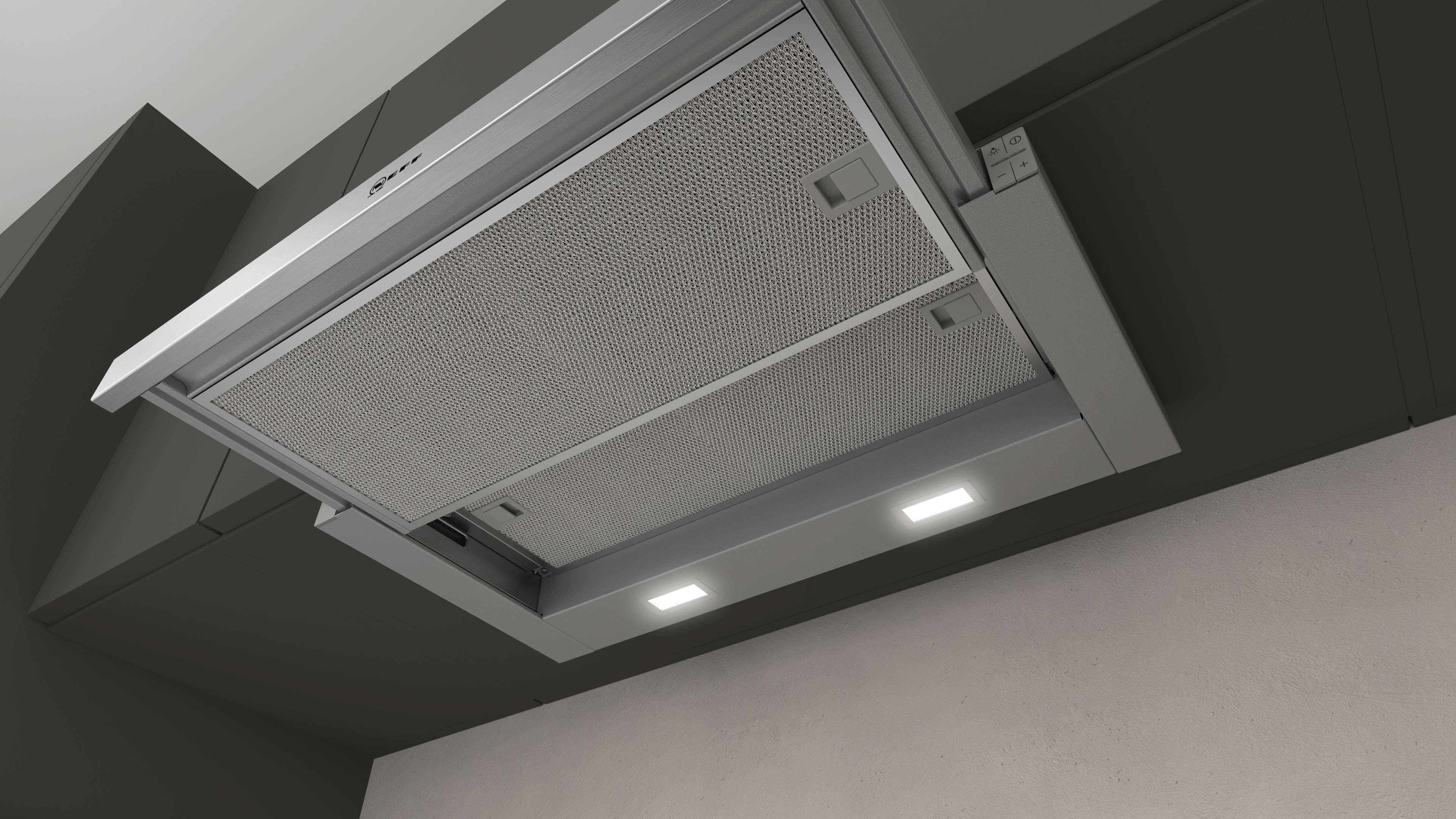 Graue Küchenabzugshaube mit Lichtern. An der Decke montiert.
