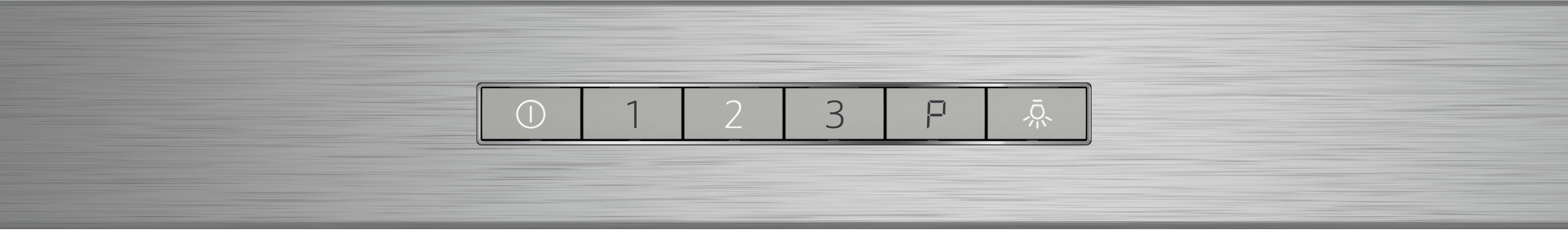 Eine Edelstahlplatte mit Tasten, darunter Strom, 1, 2, 3, P und ein Licht.