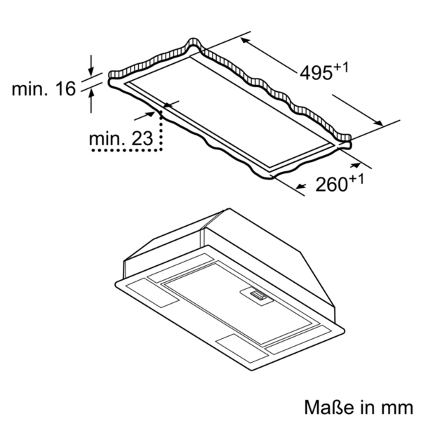 Diagramm einer Dunstabzugshaube mit Maßen und Abmessungen in Schwarz und Weiß.