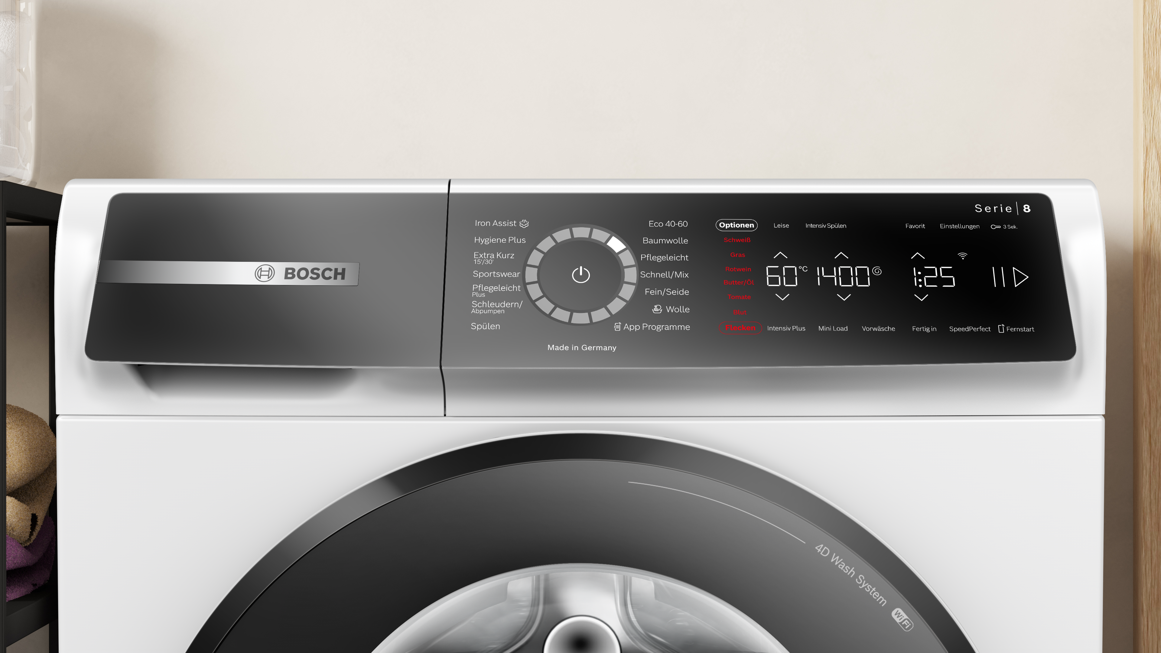 Bedienfeld der Waschmaschine Bosch Serie 8, zeigt Einstellungen und Optionen.