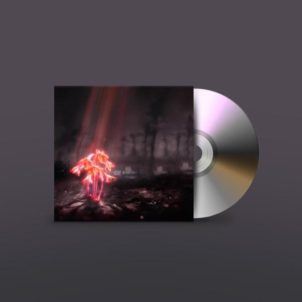 Pochette de CD avec fleurs rouges vives dans forêt sombre, avec CD à droite.