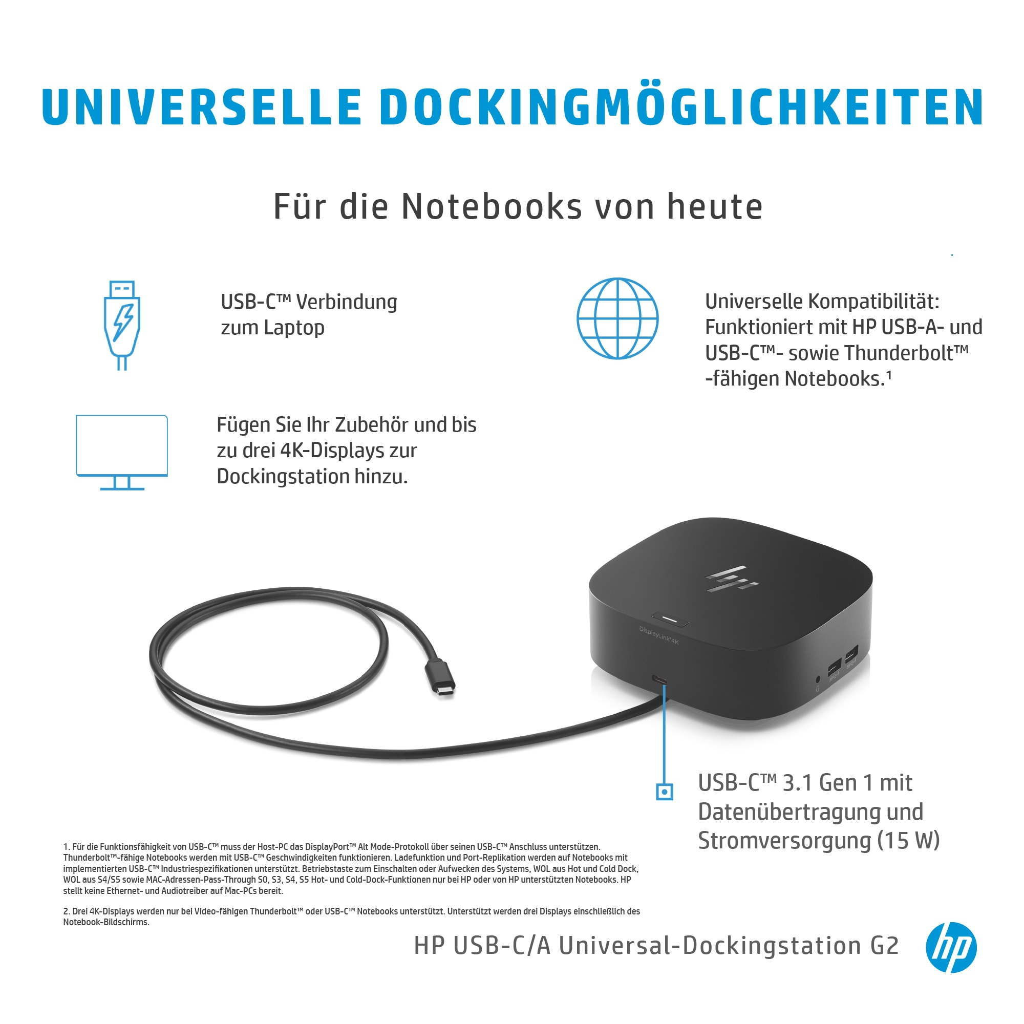 Diagramm, das eine USB-C-Dockingstation mit USB-C-Anschluss an einem Laptop zeigt, unterstützt mehrere 4K-Displays.