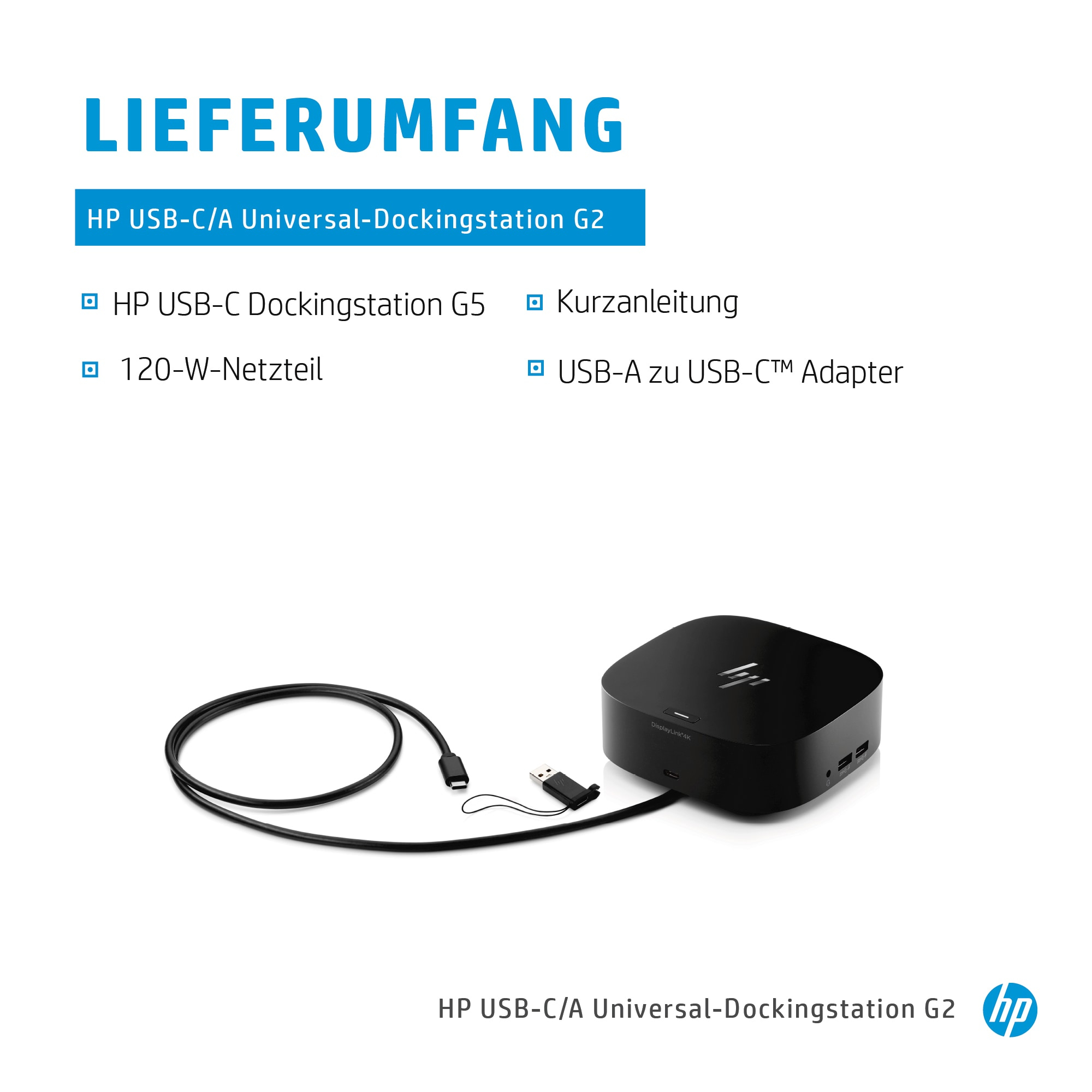 Diagramm, das den Inhalt des HP USB-C-Dockingstation-Pakets zeigt: Dockingstation, Adapter und Kabel.
