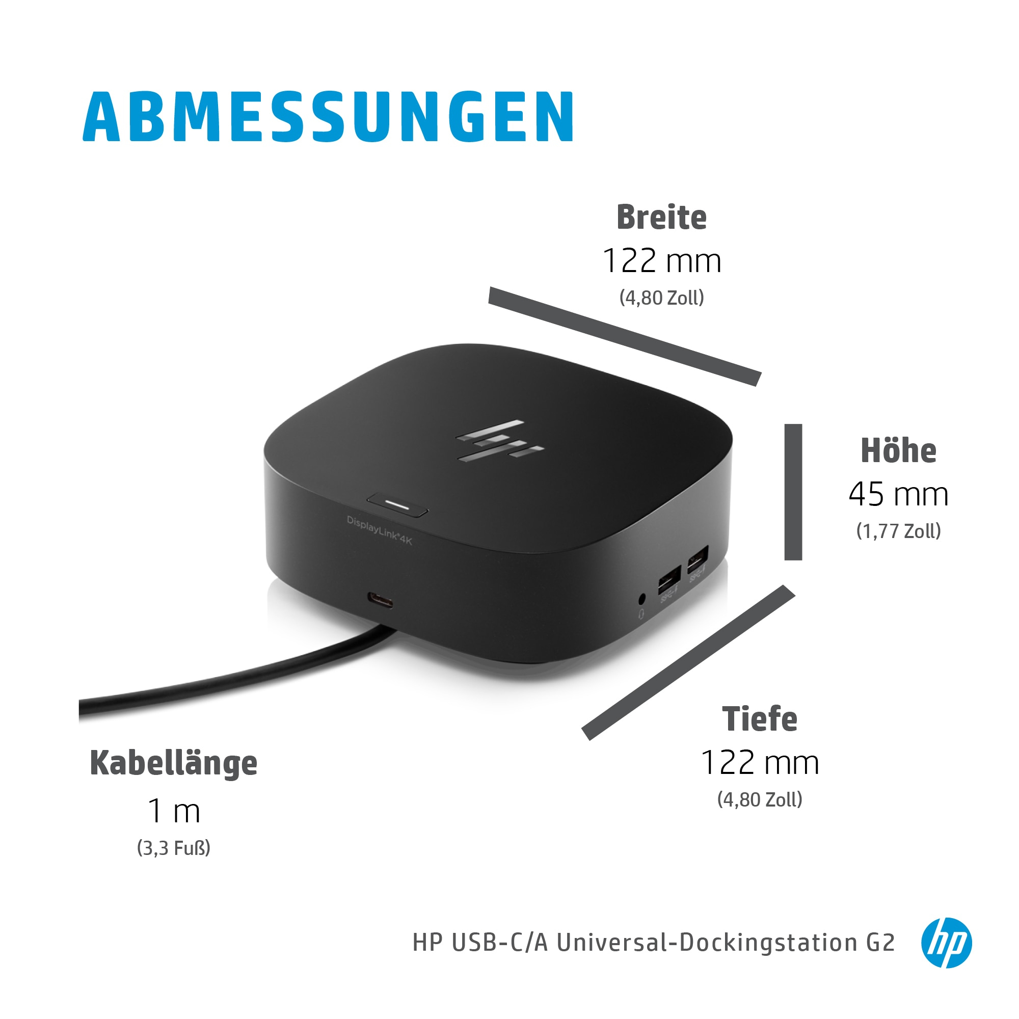 Diagramm, das die Abmessungen der HP USB-C-Dockingstation zeigt: Breiten-, Höhen- und Tiefenmessungen.