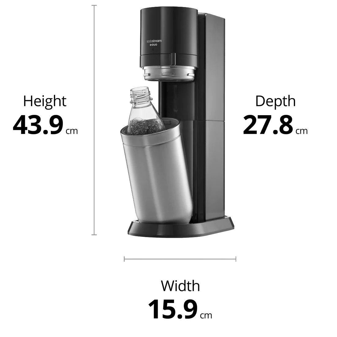 SodaStream e-Duo Maschine mit Maßen: Höhe 43,9 cm, Tiefe 27,8 cm und Breite 15,9 cm.