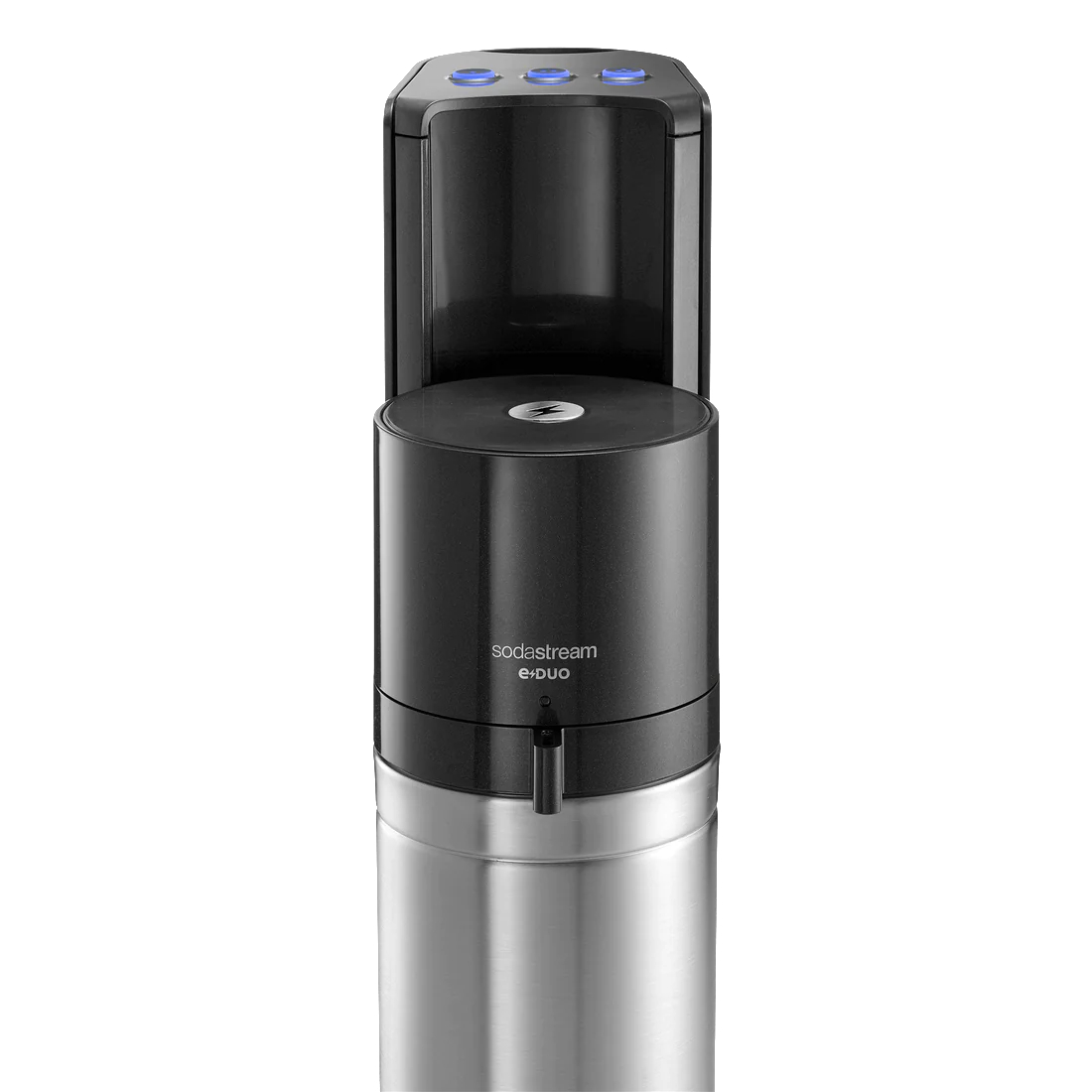 Ein schwarz-silbernes SodaStream e-Duo-Gerät mit offenem Deckel und schwarzem Innenraum.