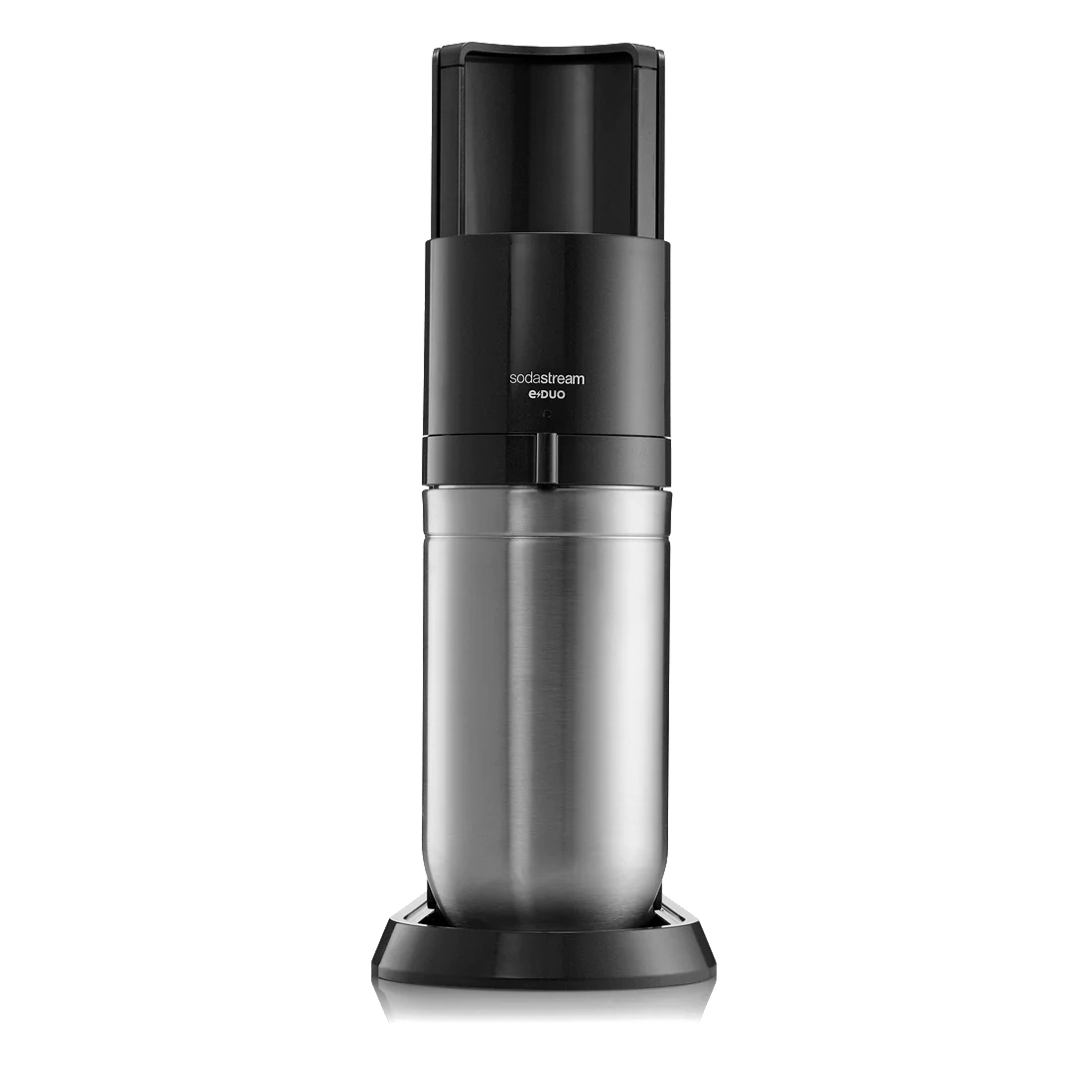 Ein SodaStream e-duo aus Edelstahl. Es ist oben schwarz und hat einen schwarzen Sockel.