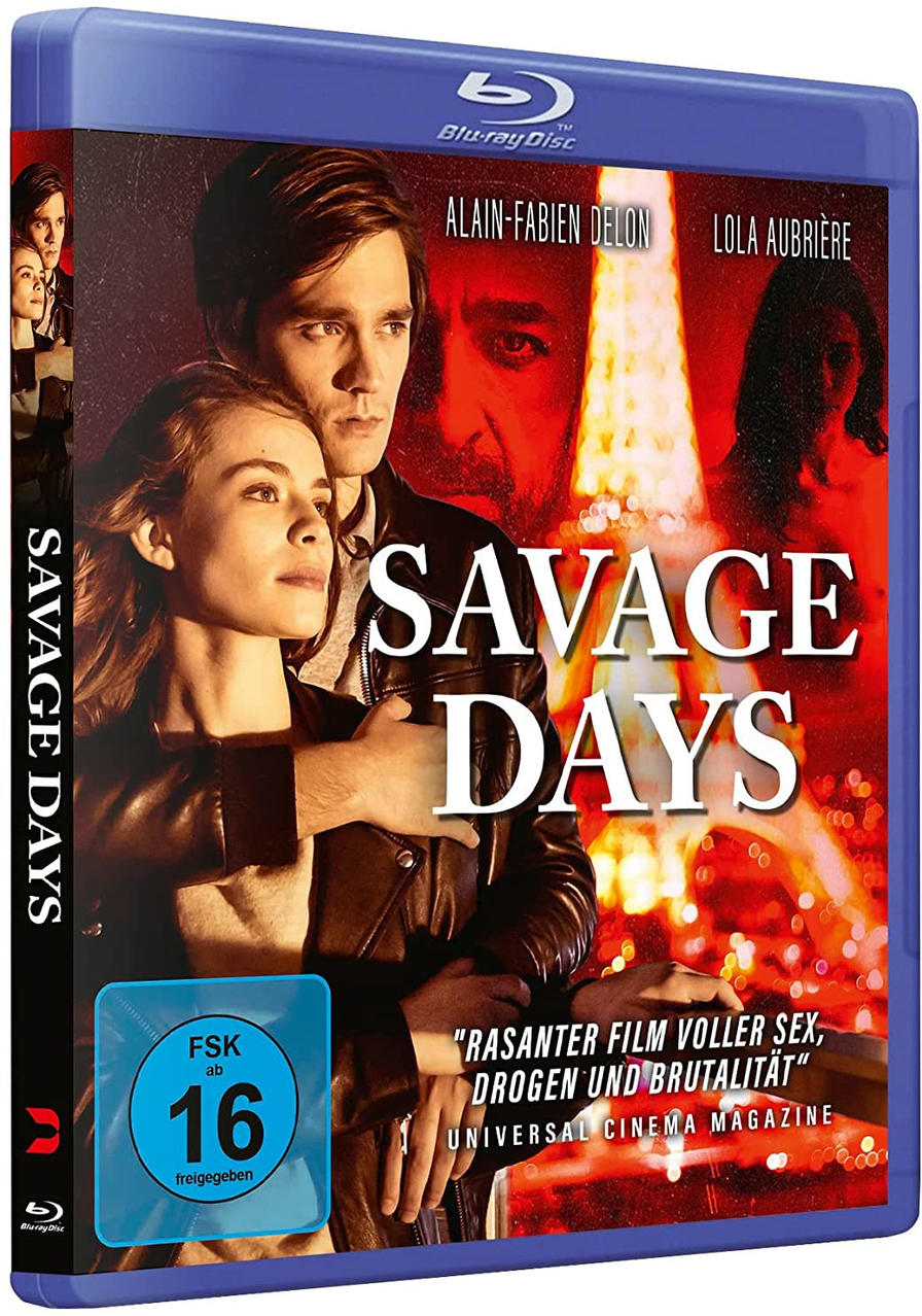 Blu-ray-Filmcover mit Paar und Titel "Savage Days" in Rot.